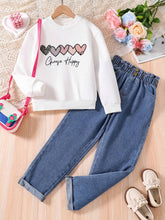 Toddler Heart Print Warm Sweatshirt And Denim Pants Set
